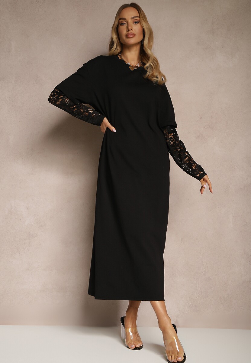 Czarna Sukienka z Bawełny o Kroju Typu T-shirt z Koronką i Rozcięciami Tanisla