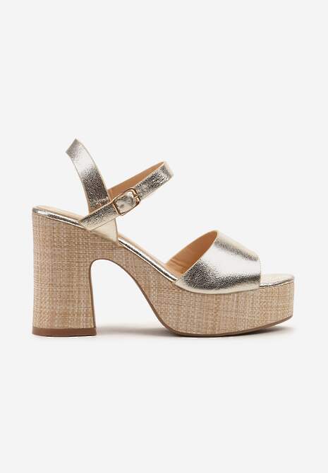 Złote Wysokie Sandały na Słupku i Platformie Zapinane na Sprzączkę Walower