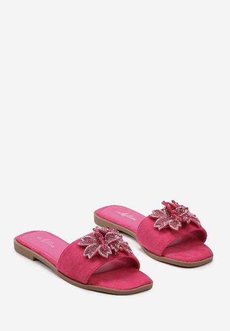 Fuksjowe Klapki z Ozdobną Kwiecistą Aplikacją i Cyrkoniami Sicarda