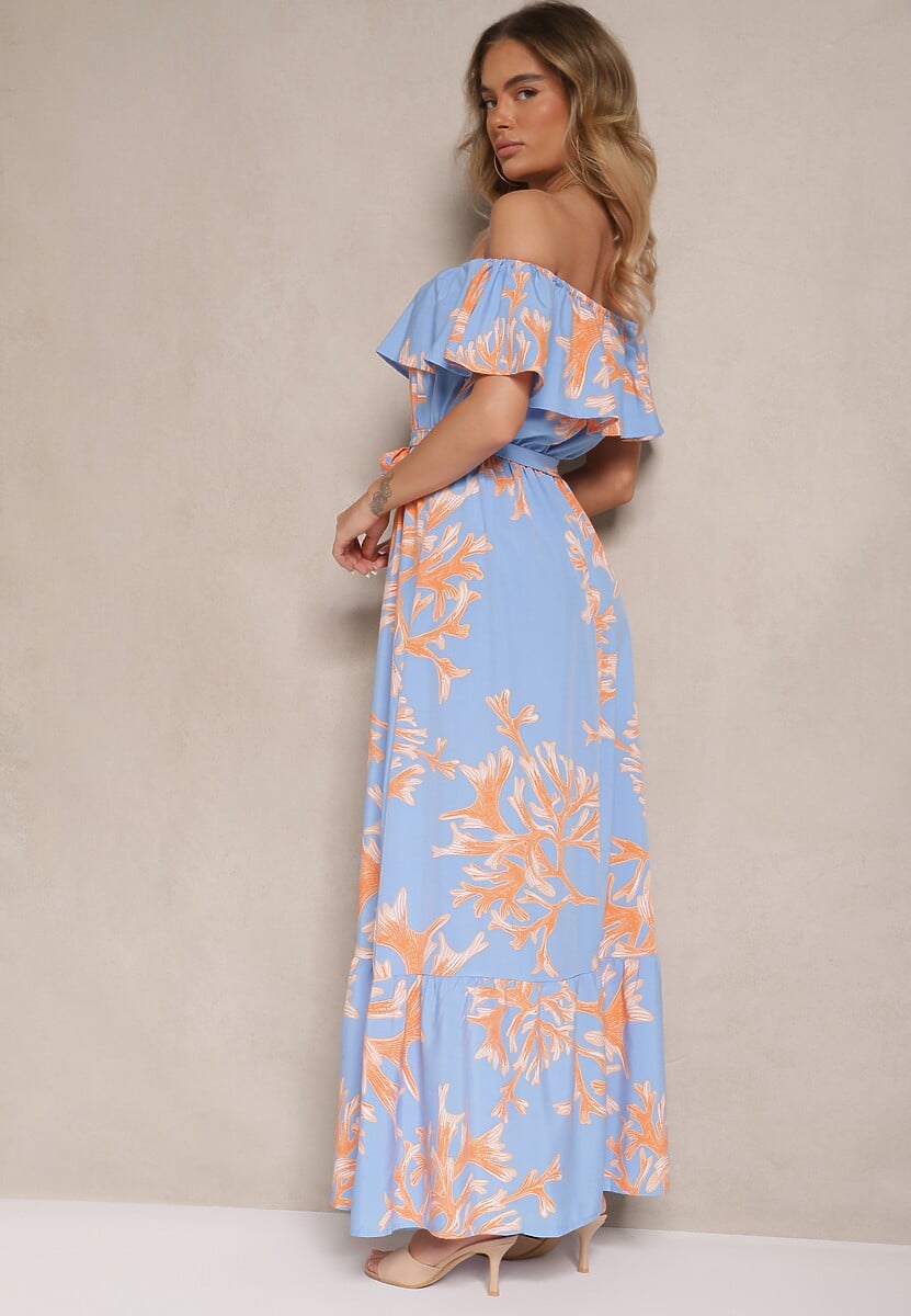 Niebieska Rozkloszowana Sukienka Hiszpanka z Wiązaniem w Talii Sesalira