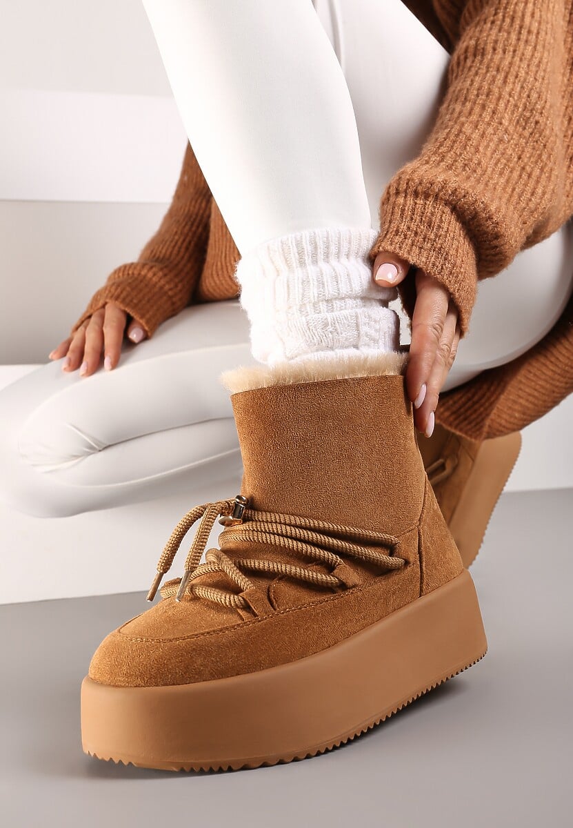 Brązowe Śniegowce na Grubej Podeszwie Bez Zapięć z Imitacją Sznurowadeł Kaithena