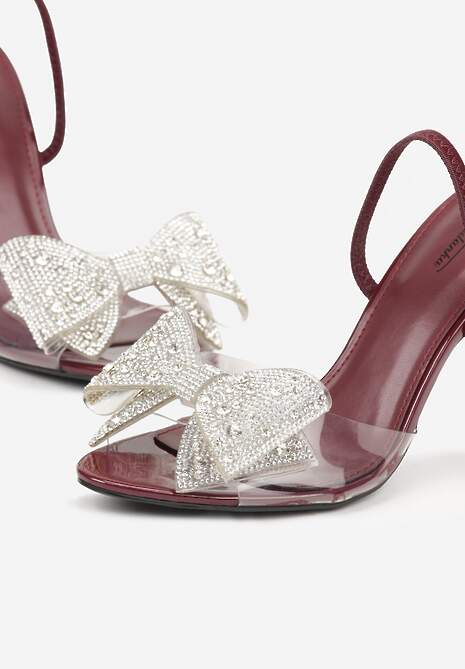 Bordowe Transparentne Sandały na Klepsydrowej Szpilce z Kokardą i Cyrkoniami Feralia