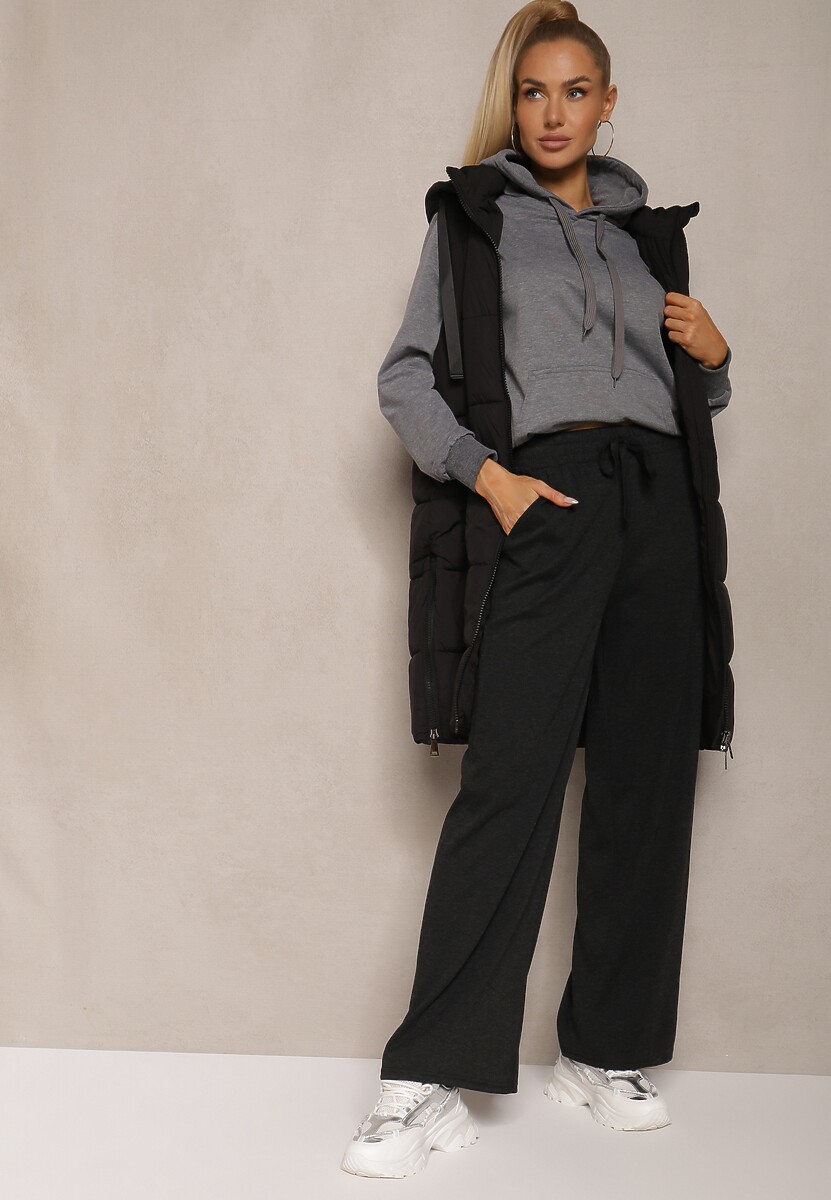 Czarne Spodnie Dzianinowe o Szerokim Kroju High Waist z Gumką w Pasie i Sznurkiem Creitta