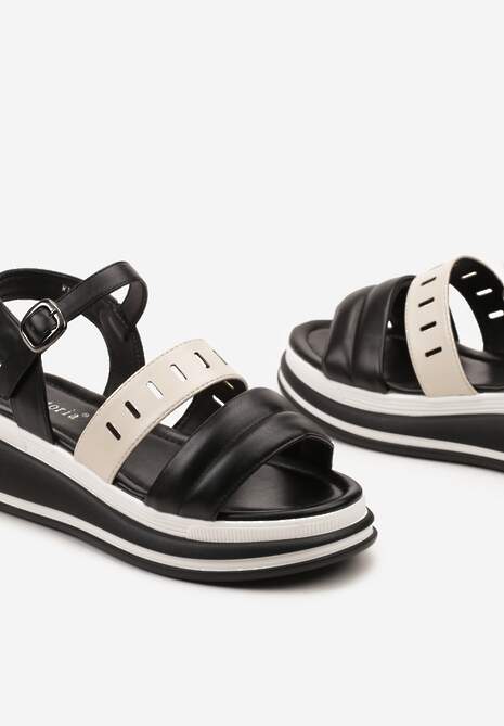 Czarno-Beżowe Płaskie Sandały z Ekoskóry na Grubej Podeszwie z Zapięciem na Sprzączkę Vloelie