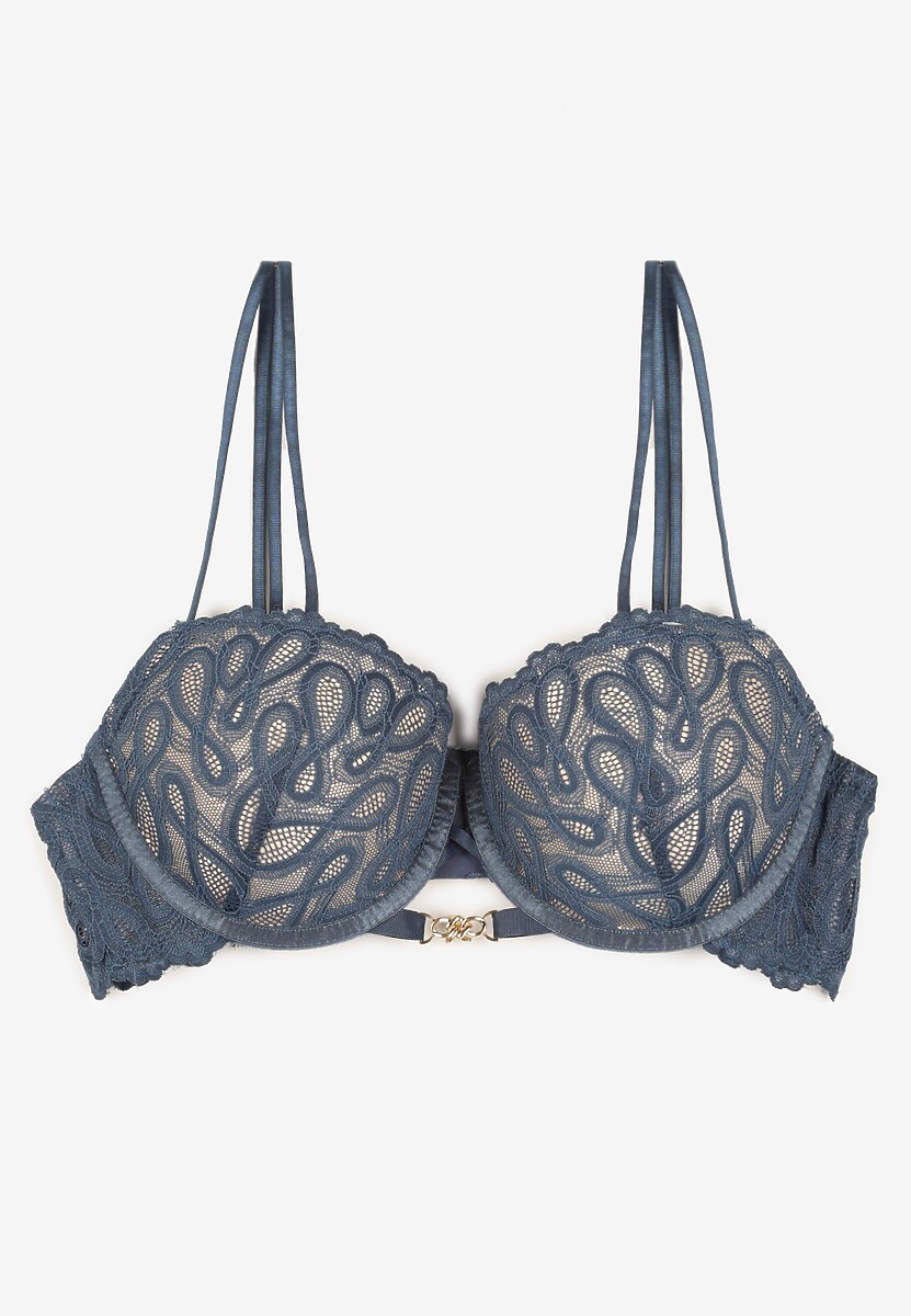 Granatowy Biustonosz Typu Push Up z Koronką i Regulowanymi Podwójnymi Ramiączkami Emavina