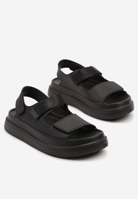 Czarne Sandały na Niskiej Platformie z Rzepami Taskio