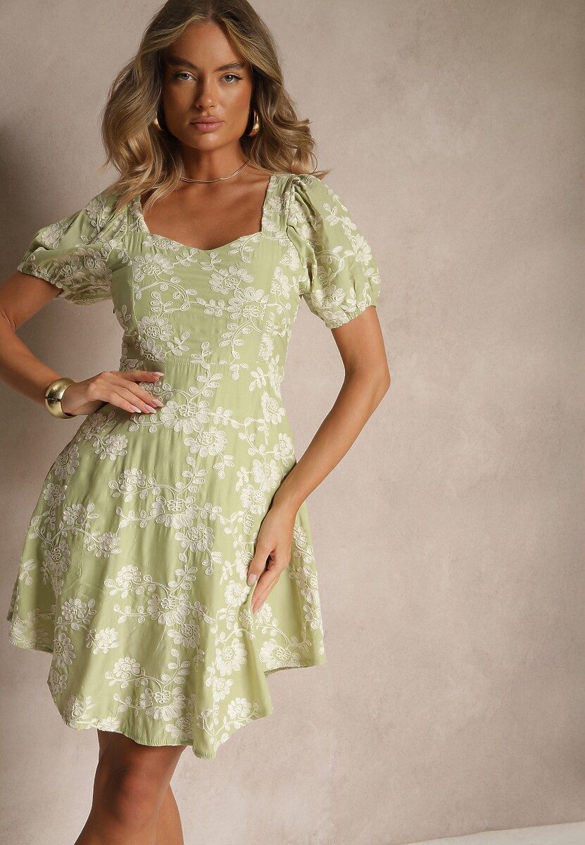 Zielona Sukienka w Kwiaty z Bufiastymi Rękawami Deviriel