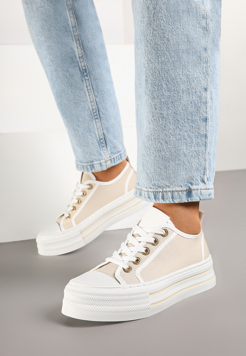 Beżowe Trampki na Niskiej Platformie Ozdobione Cyrkoniami Felelith