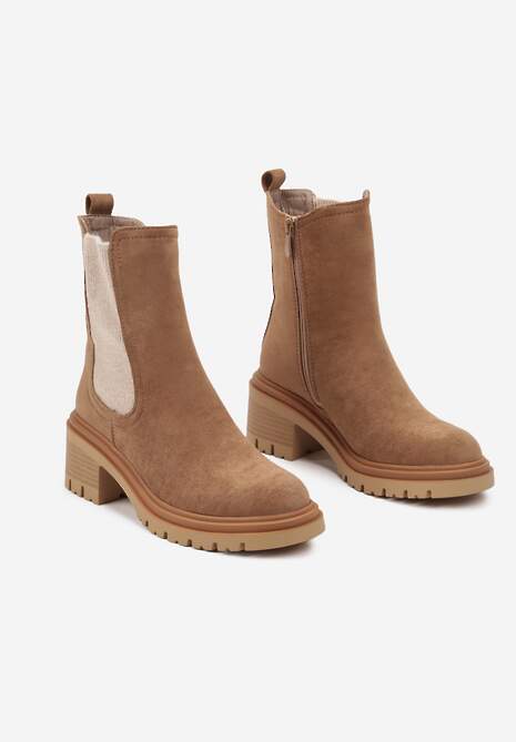 Ciemnobeżowe Botki na Słupku w Stylu Sztybletów z Elastyczną Gumką Ciandra