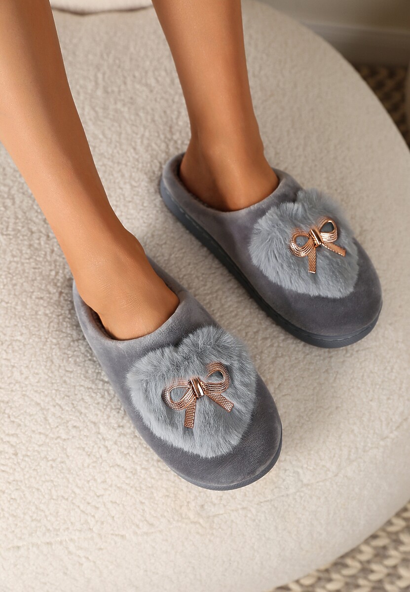 Szare Kapcie na Płaskiej Podeszwie z Kokardą Lerilina