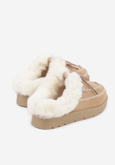 Ciemnobeżowe Śniegowce z Niską Cholewką Futerkiem i Ozdobnymi Przeszyciami Isaweda