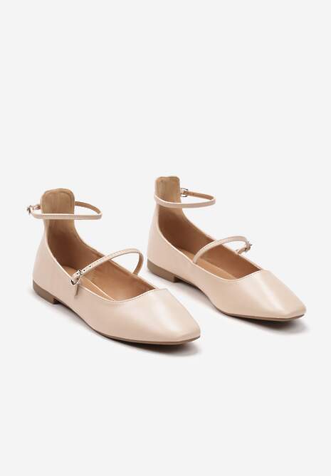 Beżowe Balerinki z Imitacji Skóry na Płaskiej Podeszwie z Dwiema Sprzączkami Rosalalia