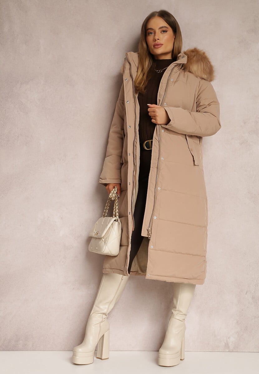Ciemnobeżowa Kurtka Długa z Paskiem i Kapturem Pikowana Nilme
