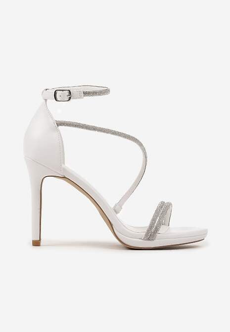 Białe Sandały Szpilki Zdobione Cyrkoniami Zapinane na Sprzączkę Ralisen