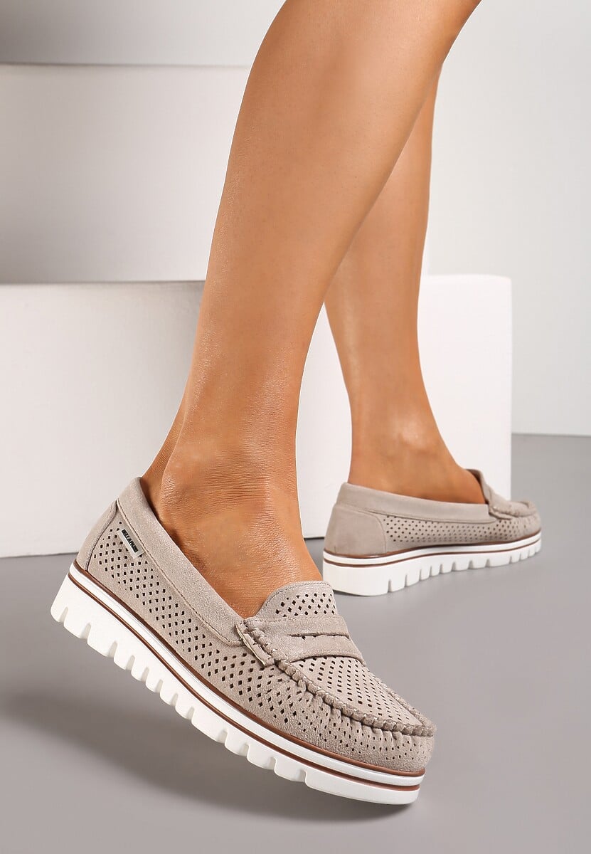 Beżowe Ażurowe Mokasyny Casual z Wkładką ze Skóry Naturalnej  Marra