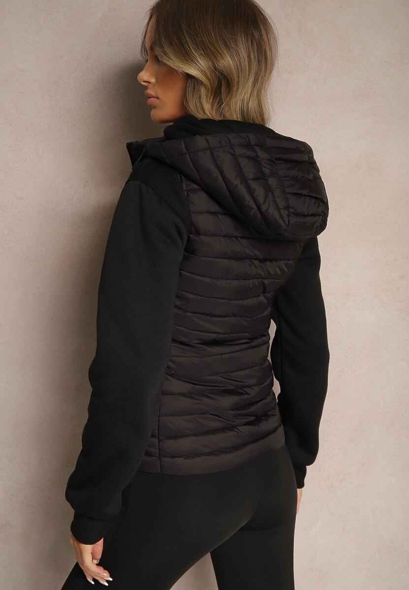 Czarna Rozpinana Kamizelka Pikowana z Odpinanym Kapturem i Kieszeniami Arkathia
