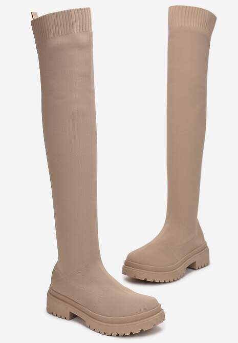 Ciemnobeżowe Kozaki z Elastyczną Cholewką za Kolano Maisah