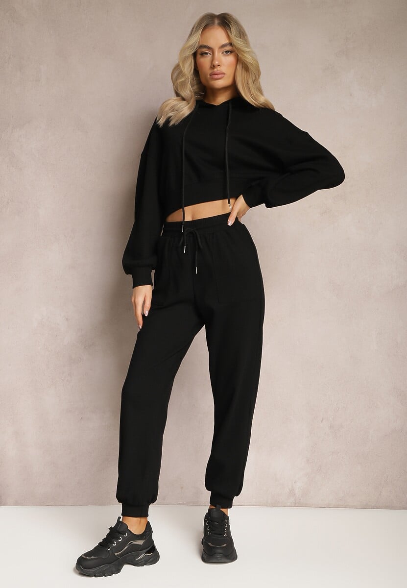 Czarny Komplet Dresowy ze Spodniami Joggerami i Bluzą z Kapturem Fomstia