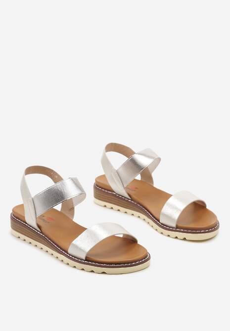 Srebrne Casualowe Sandały na Płaskiej Podeszwie Imitującej Korek bez Zapięcia Biorena