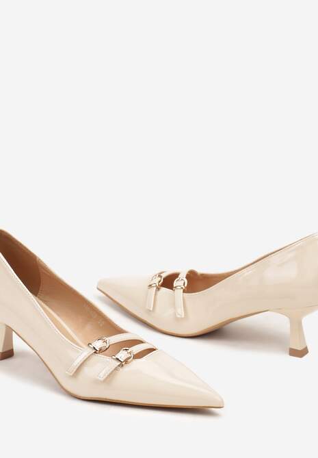 Beżowe Czółenka na Szpilce Kaczuszki z Paskami Zapinanymi na Sprzączki Lilanna