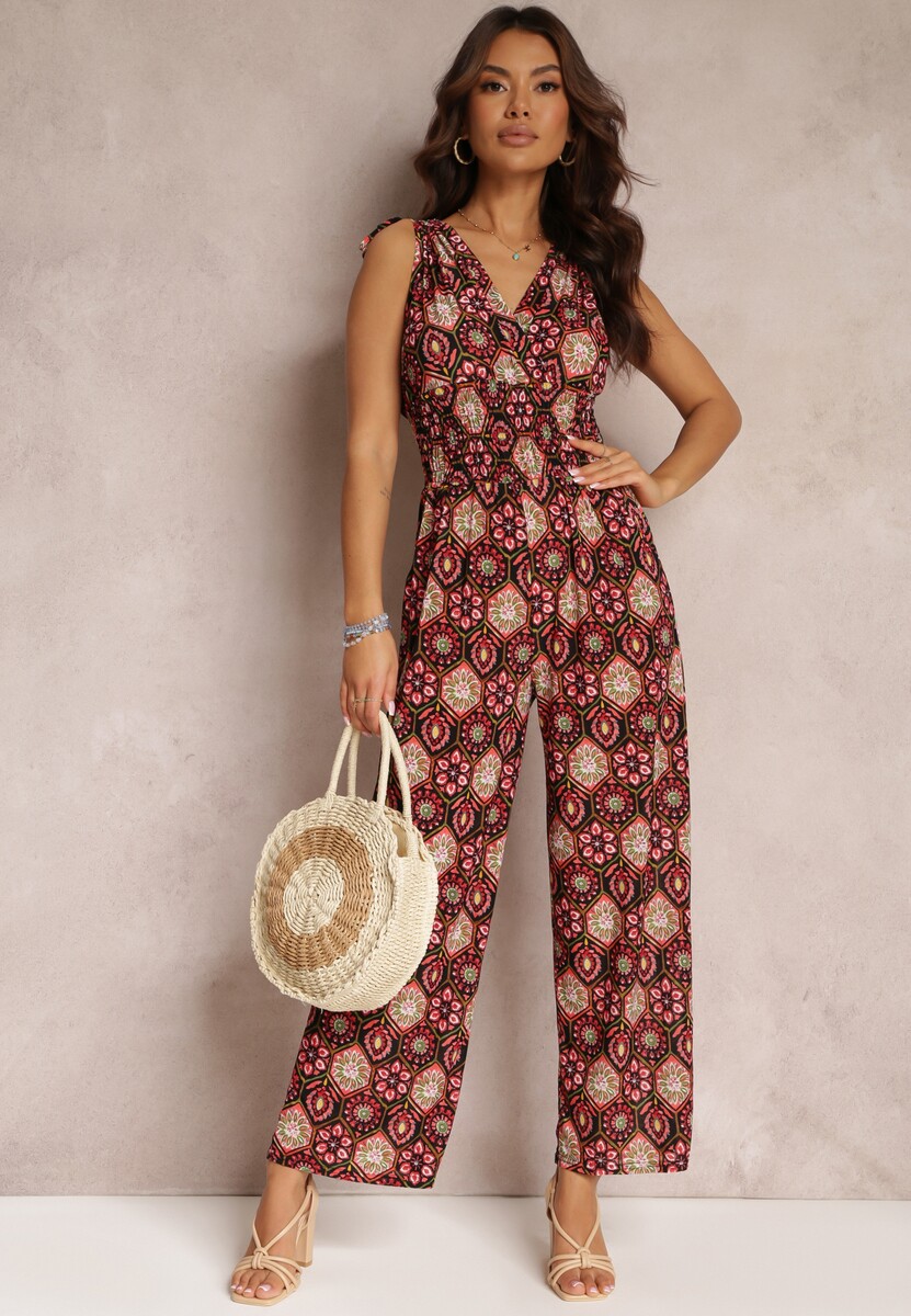 Czarno-Czerwony Długi Kombinezon z Gumkami w Pasie i Sznurkami na Ramiączkach Ezri