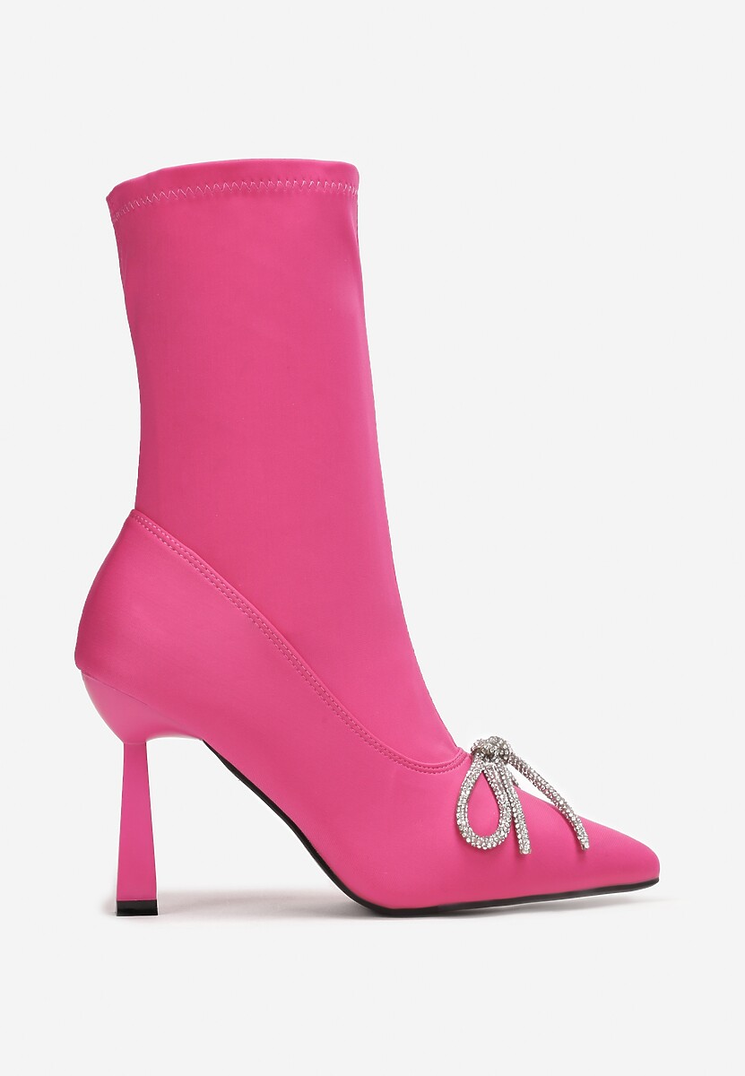 Fuksjowe Botki Skarpetkowe Ozdobione Kokardką z Cyrkoniami na Geometrycznej Szpilce Aife