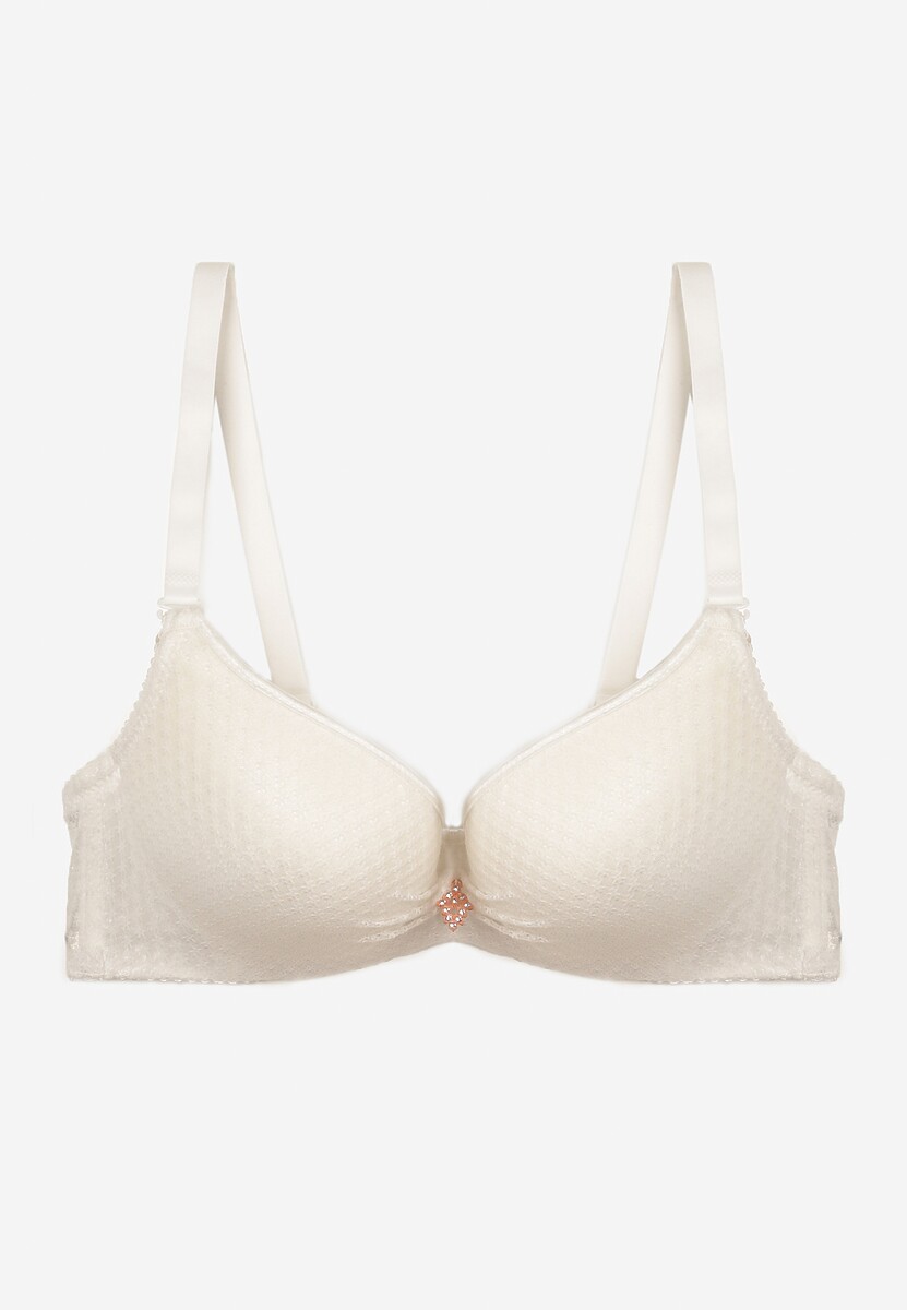 Jasnobeżowy Push-Up Biustonosz Koronkowy na Regulowanych Ramiączkach Lunetia