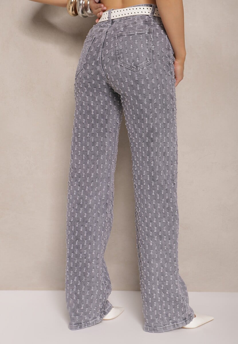 Szare Jeansy High Waist o Szerokim Kroju z Ozdobnymi Tłoczonymi Przetarciami Ulanisea