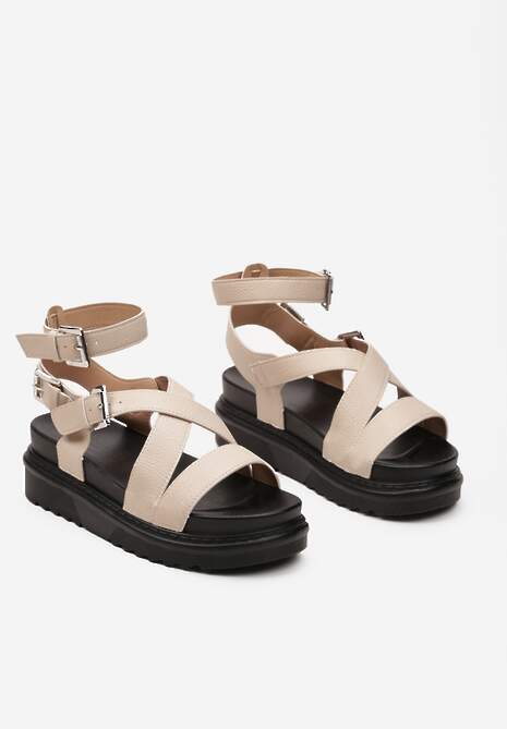 Beżowe Sandały Zapinane wokół Kostki na Grubej Podeszwie Diunna