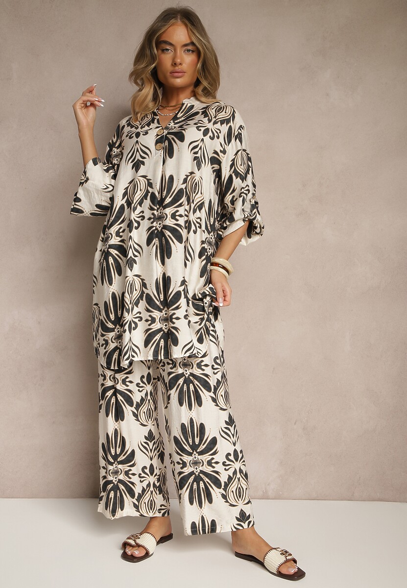 Czarny Komplet z Wiskozą Spodnie o Szerokim Kroju i Długa Koszula Rinviela