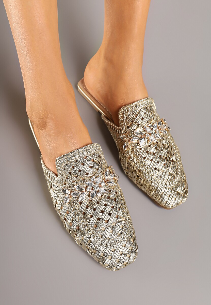 Złote Klapki Mule Ozdobione Cyrkoniami i Metaliczną Nicią Tatosenia