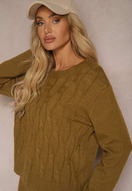 Zielony Komplet z Wełną ze Spodniami Typu Wide Leg i Strukturalnym Swetrem Naonella