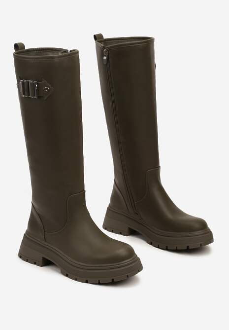 Zielone Kozaki na Płaskiej Podeszwie z Dopasowaną Cholewką z Ekoskóry i Klamrą Bellanor