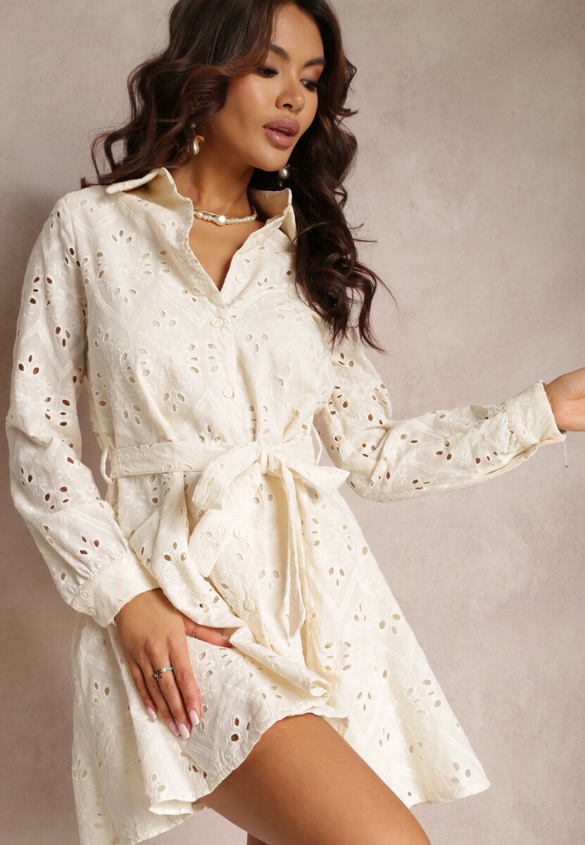 Beżowa Koszulowa Sukienka Ażurowa z Wiązanym Paskiem Faeyela