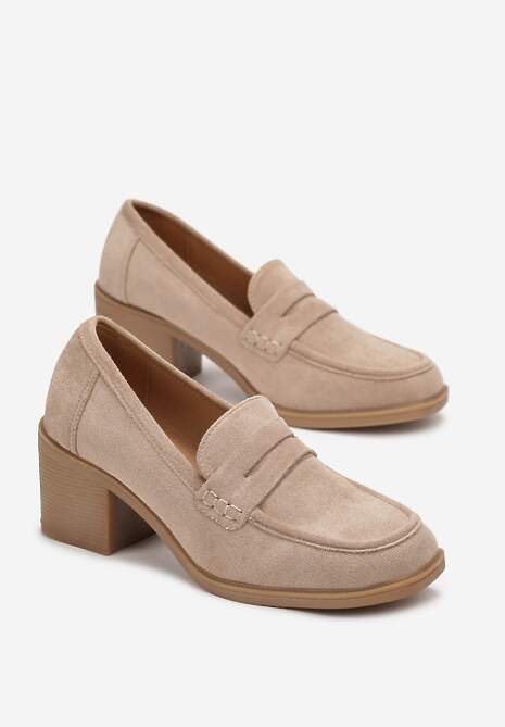 Beżowe Półbuty na Słupku z Kwadratowym Noskiem Zeze