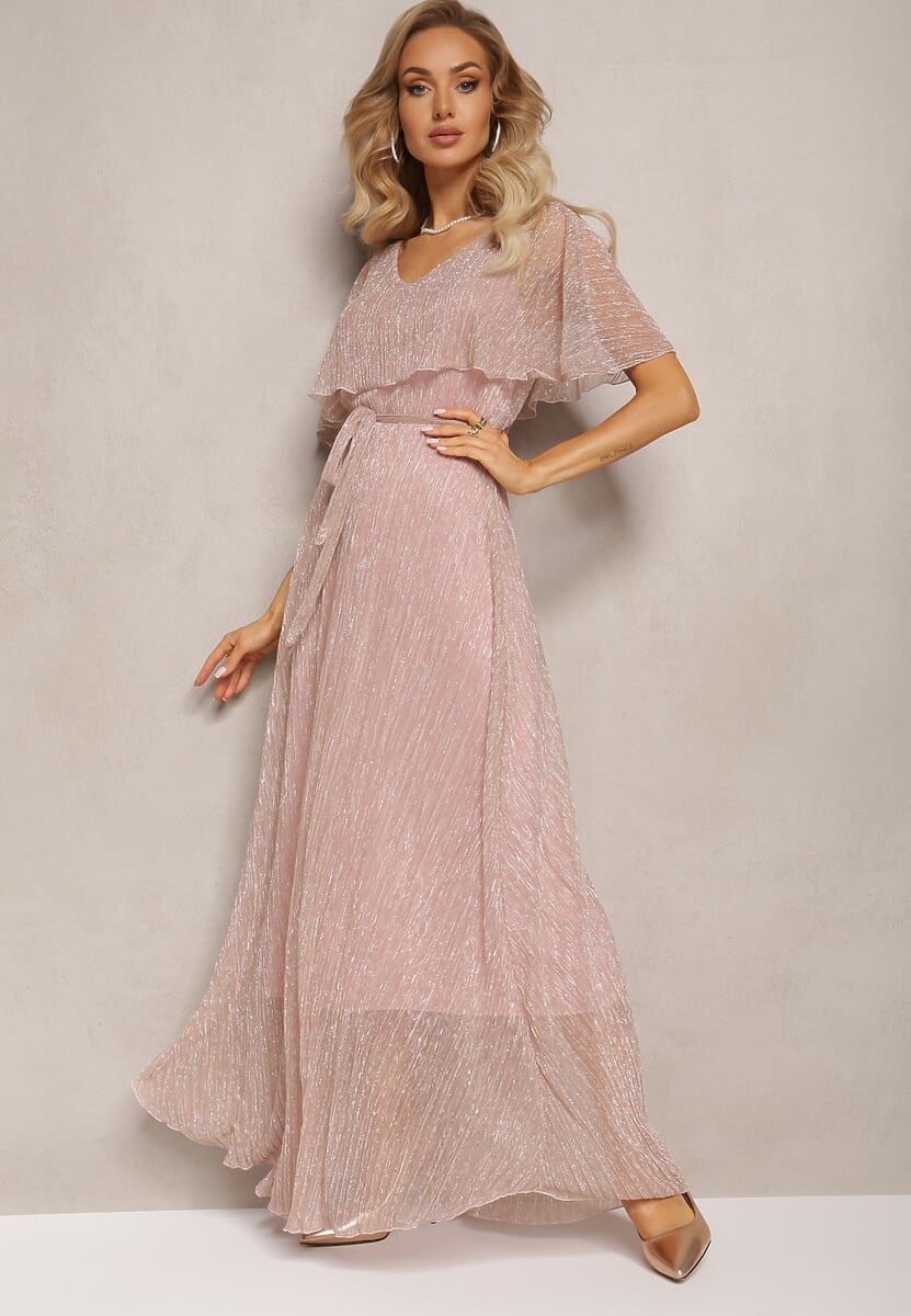 Ciemnoróżowa Koktajlowa Sukienka Maxi z Ozdobną Falbaną na Górze Cailey