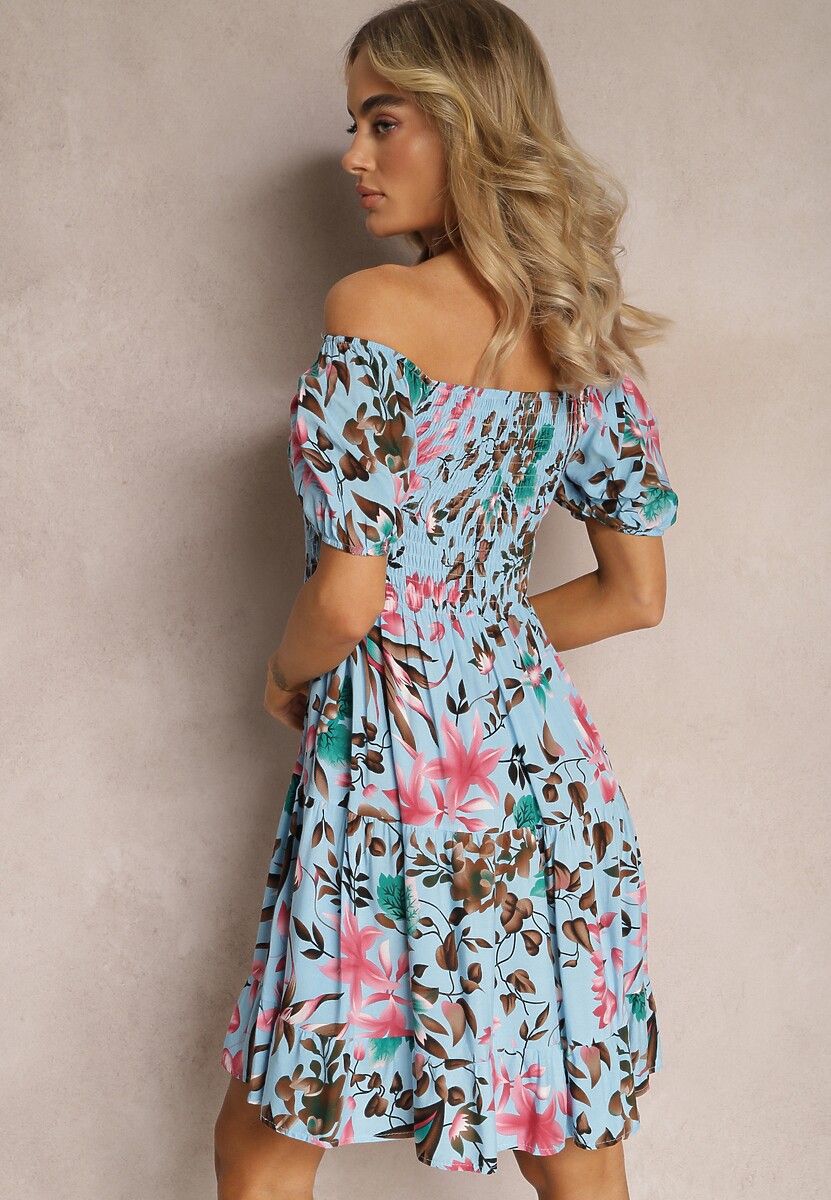 Jasnoniebieska Rozkloszowana Sukienka Mini z Wiskozy w Kwiaty z Falbanką Malinai