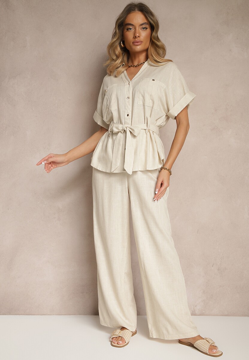 Czarny Komplet z Bawełną Spodnie i Koszula z Paskiem Rinaretea