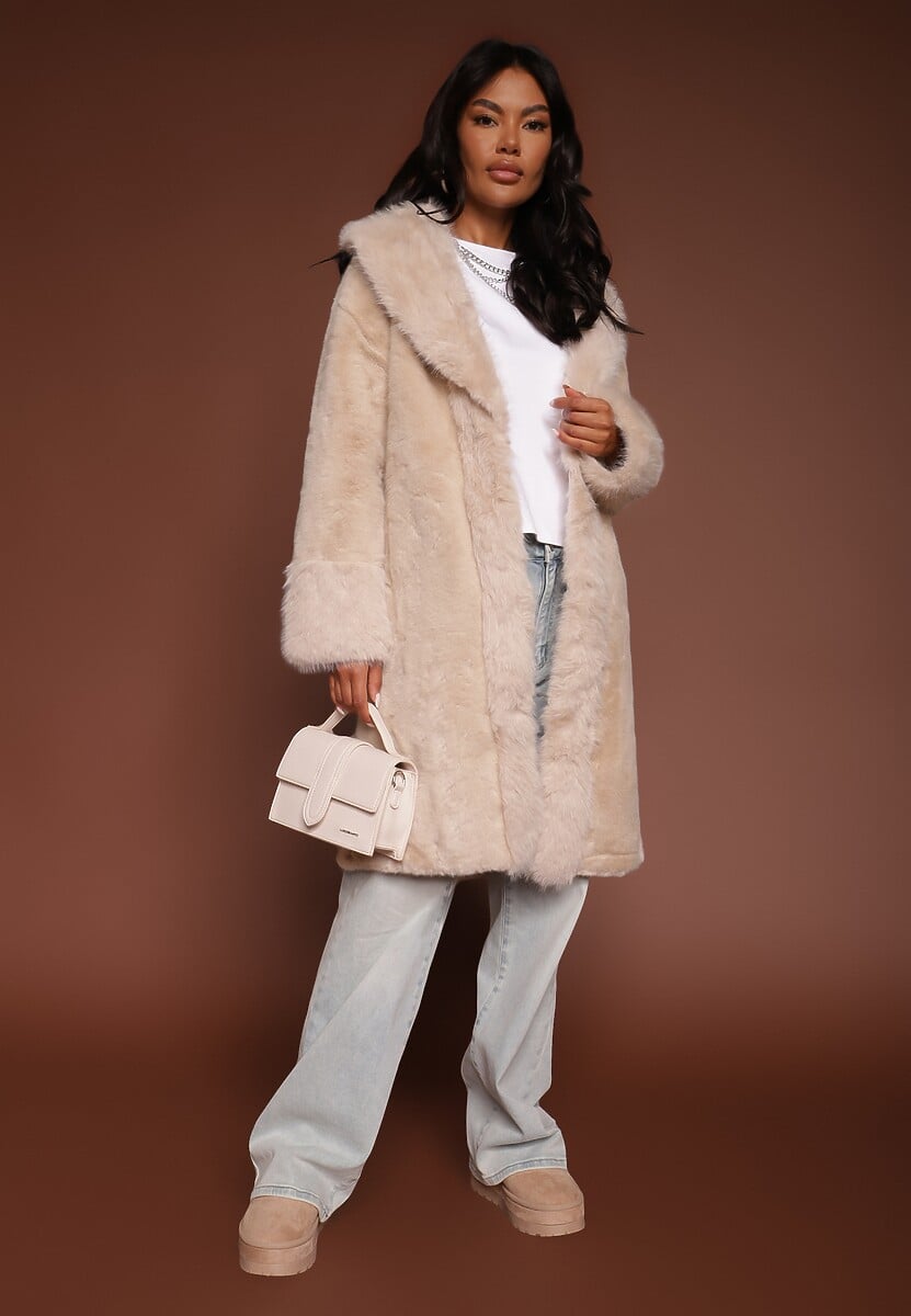 Beżowa Kurtka Futro o Długim Kroju z Wiskozą Ninnarlia