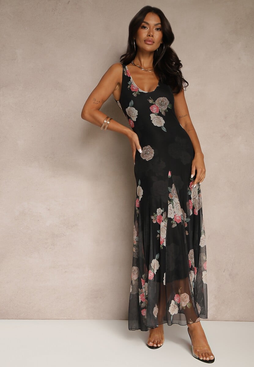 Czarna Sukienka Siateczkowa w Kwiaty Milosea