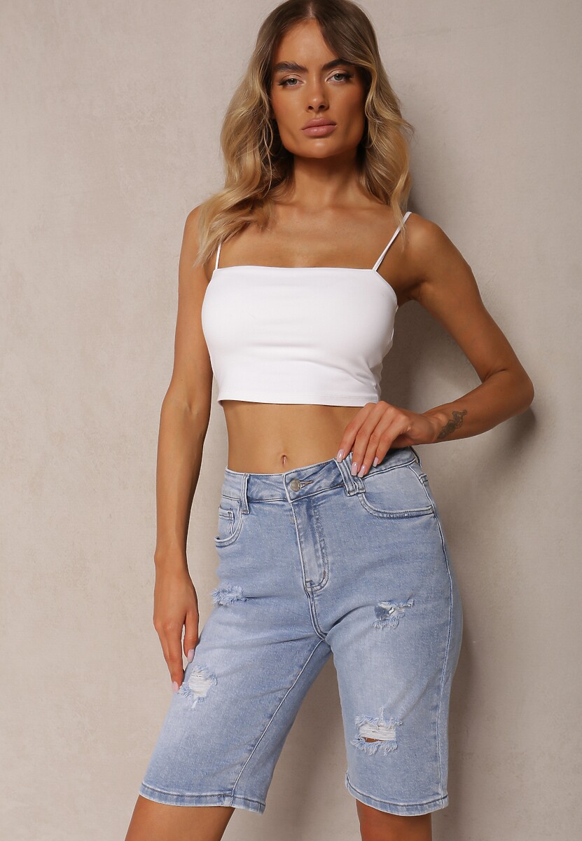 Jasnoniebieskie Szorty Jeansowe High Waist z Bawełny z Przetarciami Nelsandra