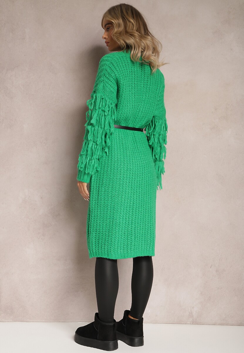 Jasnozielony Długi Kardigan Dzianinowy z Ozdobnymi Frędzlami i Paskiem Mesfin
