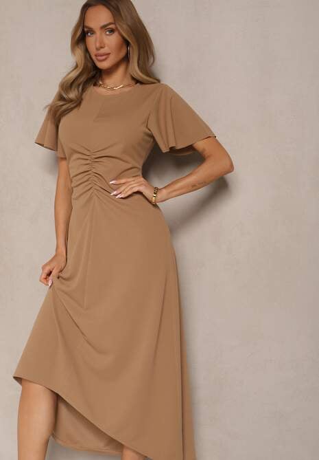 Ciemnobeżowa Sukienka o Rozkloszowanym Kroju z Marszczeniem Odarene