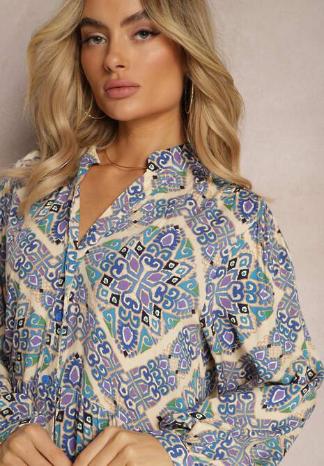 Niebiesko-Beżowa Wiskozowa Sukienka o Rozkloszowanym Kroju z Falbanką i Guzikami Orines