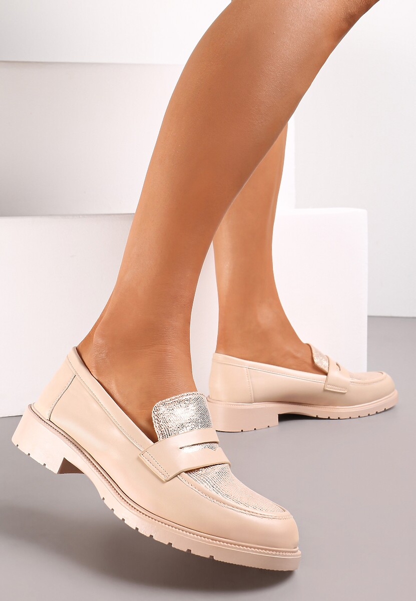 Beżowe Wsuwane Mokasyny na Płaskim Obcasie Ovelleme
