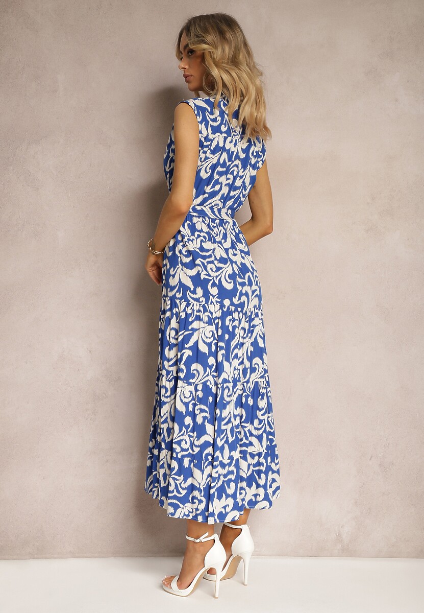 Granatowo-Biała Wiskozowa Sukienka z Gumką w Talii i Materiałowym Paskiem Zapinana na Guziki Viealia