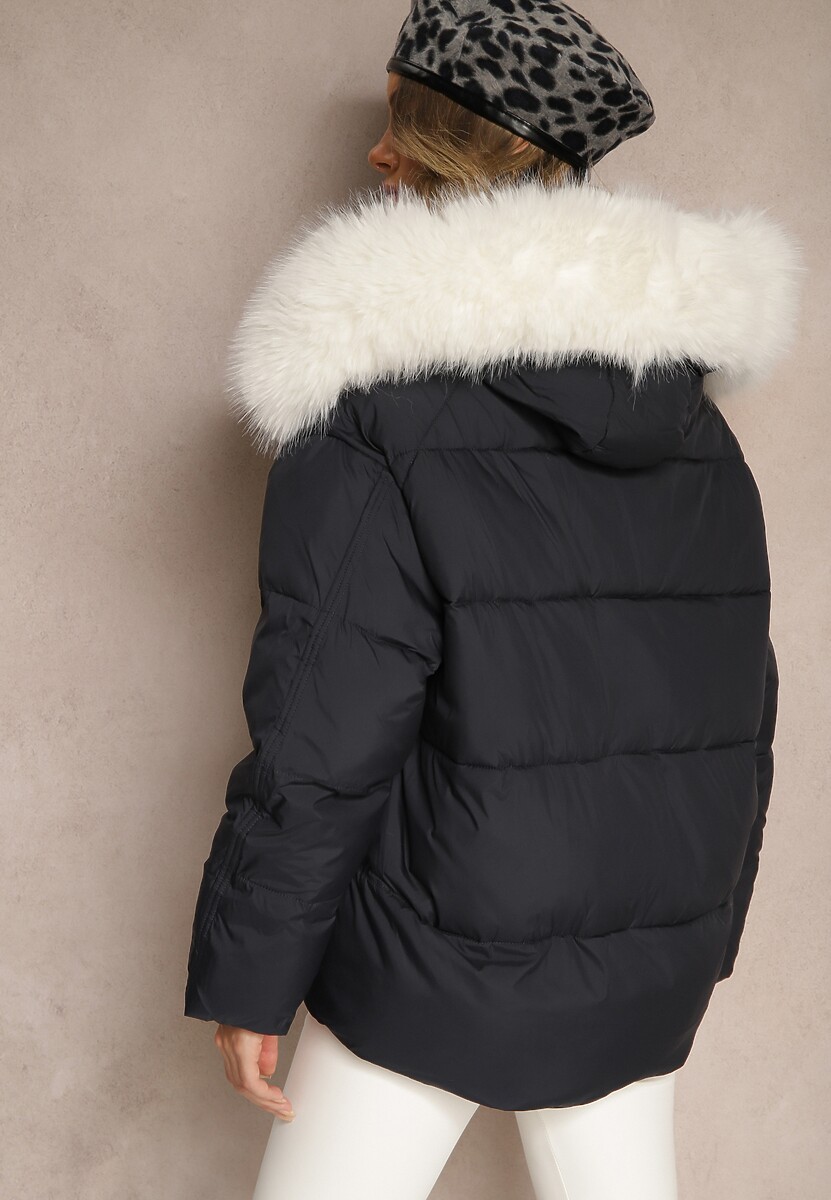 Granatowa Kurtka z Kieszeniami i Odpinanym Kołnierzem z Futerka Nomilaine