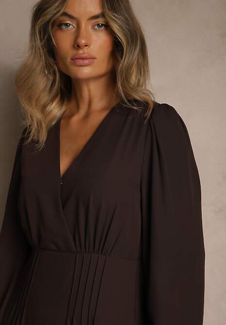 Brązowa Kopertowa Sukienka Vices o Rozkloszowanym Kroju Resvima