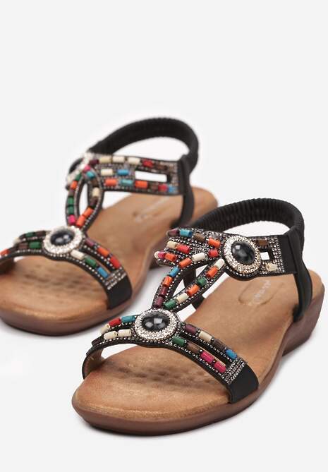 Czarne Sandały z Koralikami i Cyrkoniami Carmilla