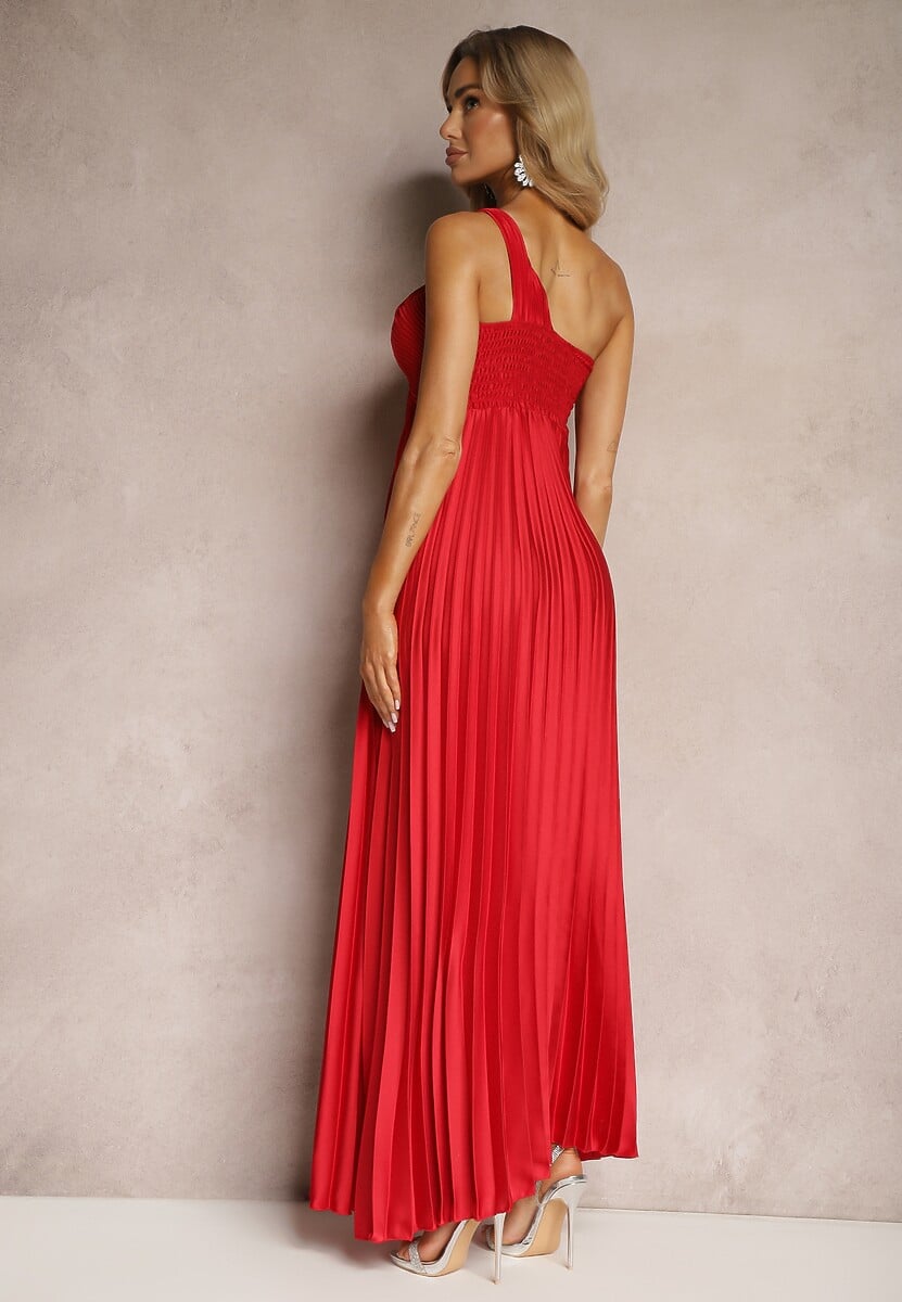 Czerwona Asymetryczna Sukienka Plisowana na Jedno Ramię z Gumką w Talii Elashay